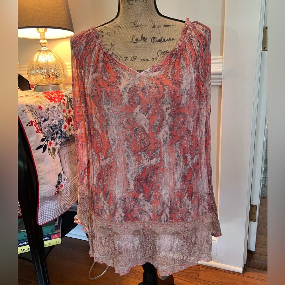 Lucky Brand V-Neck Long Sleeve Sheer Paisley Top - Size 1X